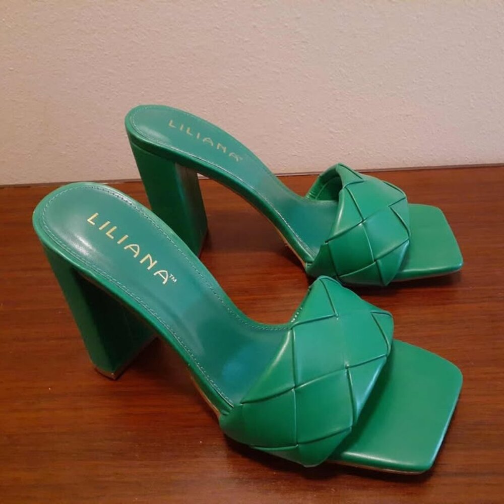 Liliana Green Woven Square-Toe Block Heel Mules